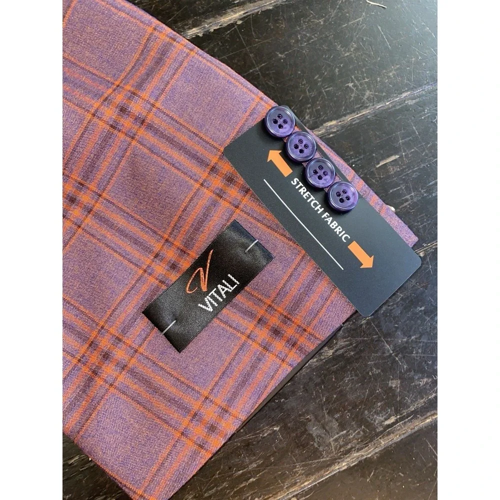 Vitali Men's 3-Piece‎ Suit Modern Fit Denim Lavender Plaid Formal 51W 56 M9857